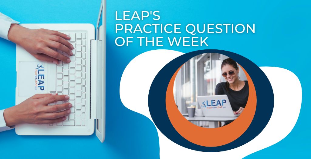 Two pictures including hands on a computer and a woman studying with the words, "Practice Question of the Week"