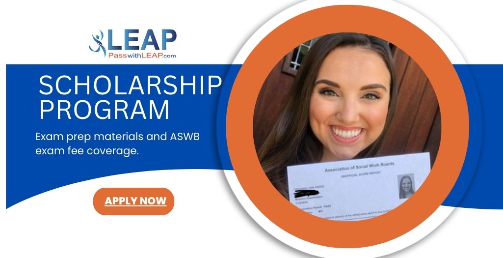 Woman holding a pass exam notification with the LEAP logo 